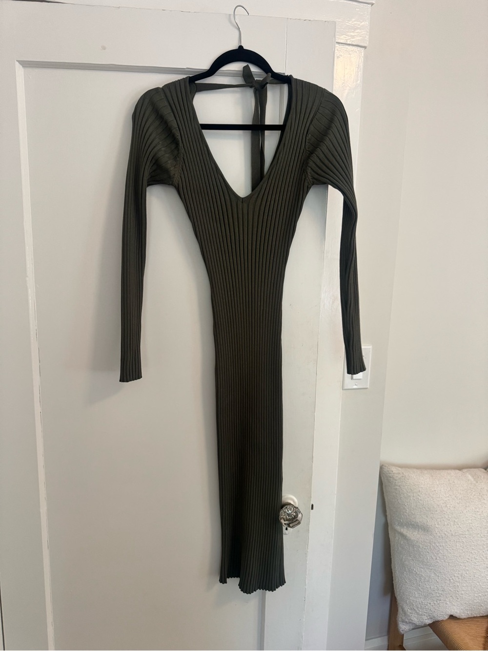 NBD Olive Ribbed V-Neck Long Sleeve Midi Dress